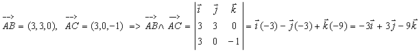 Hallamos vectores AB y AC y hacemos su producto vectorial