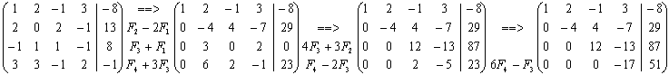 Sistema de 4 ecuaciones lineales con 4 incógnitas resuelto por Gauss