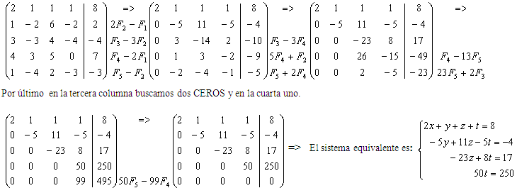 Sistema de ecuaciones lineales 5x4 resuelto por Gauss